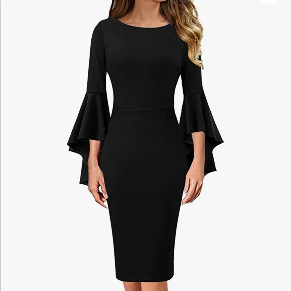 VFSHOW Elegant Bell Sleeve Cocktail Party Bodycon Pencil Sheath Dress